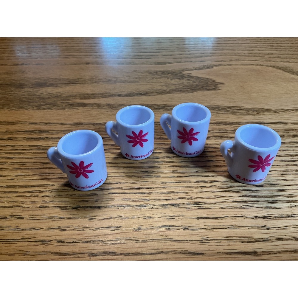 American Girl Doll Accessories White Mugs Pink Flower Logo Set of 4 Plastic Cups